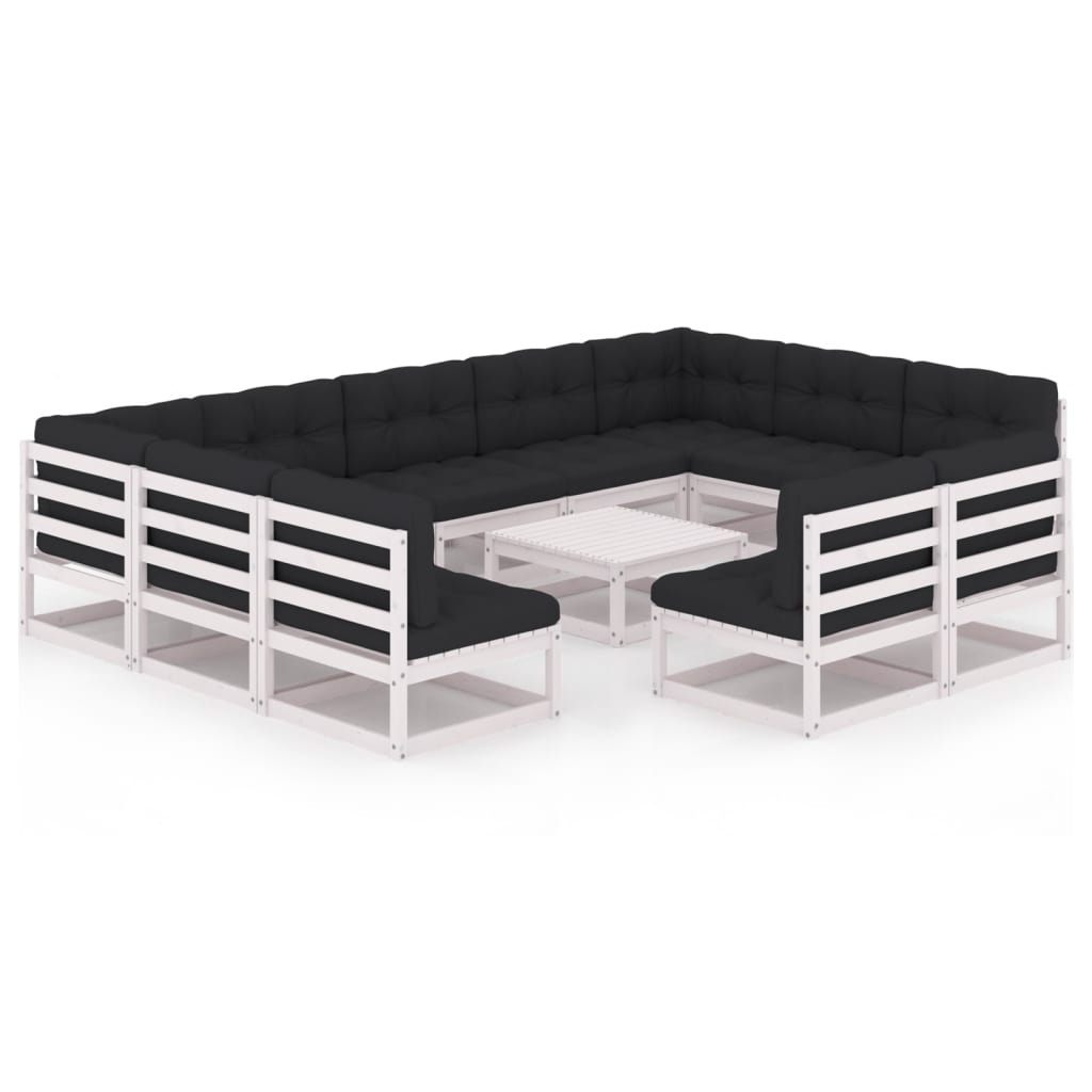 12-tlg. Garten-Lounge-Set mit Kissen Weiss Kiefer Massivholz